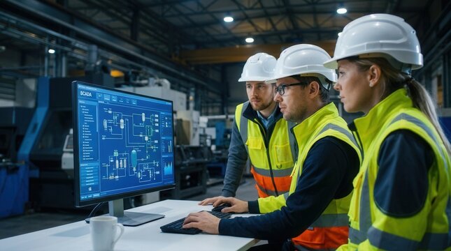 Engineer and operator using a SCADA system for industrial monitoring.