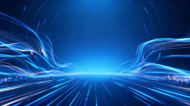 Abstract blue motion trails representing high-speed data transfer and digital connectivity in a futuristic technology landscape