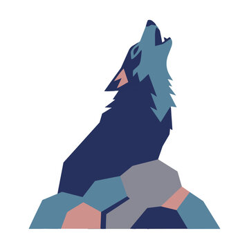 Stylized howling wolf perched on an angular rock formation with bold flat shapes and a minimalist color palette nature concept