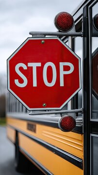 Close up view of a stop sign on a yellow school bus showing red octagon shape and reflections in a plain setting under overcast sky