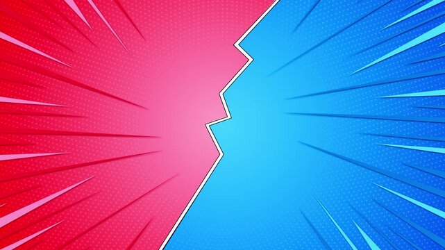 Bright comic split screen background red, pink, blue burst panels, dotted halftone texture, bold central divide. versus gaming intros, pop art edits, social promos, energetic fun transitions.