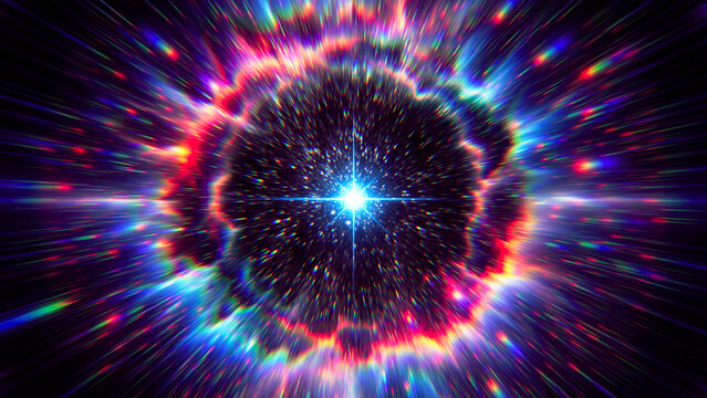 Supernova explosion in deep space. Epic stellar explosion bursts through endless space. Massive shockwave radiates glowing energy shell. Flight to the stars at the speed of light. Big bang. 3d render