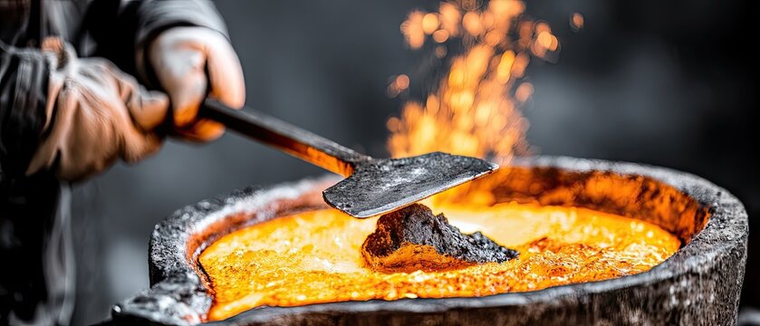 Metallurgy process with worker scraping dross from molten metal in crucible under natural light