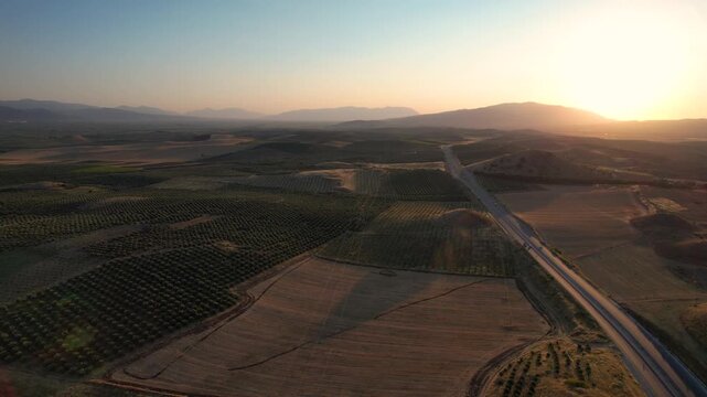 Aerial view of Lydian Tumuli of Bin Tepe at sunset, Turkiye.