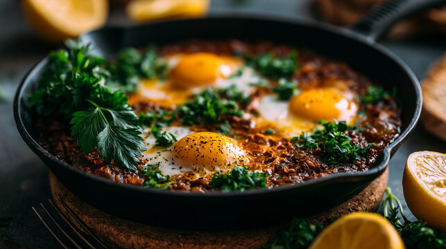 Shakshuka eggs poached in tomato sauce with herbs in skillet shakshuka breakfast