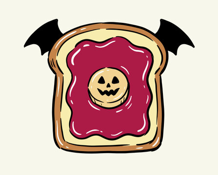 Halloween toast illustration, bat wings bread, pumpkin banana face, jam spread, spooky breakfast, cute monster food, holiday graphic art
