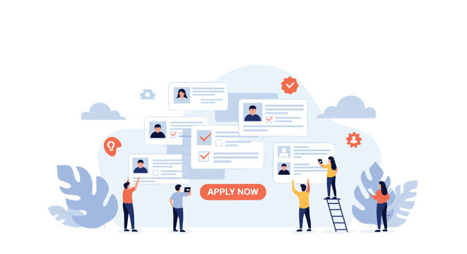Recruitment team evaluating candidate profiles for job opportunities through a digital platform with an apply now button for career growth.