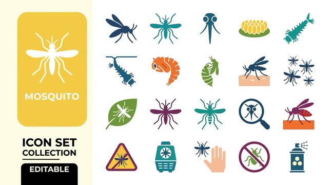 Detailed mosquito life cycle and pest control icon set