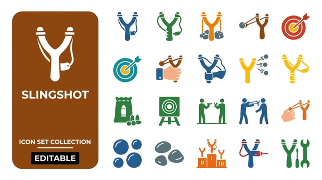 Slingshot and target practice icon set