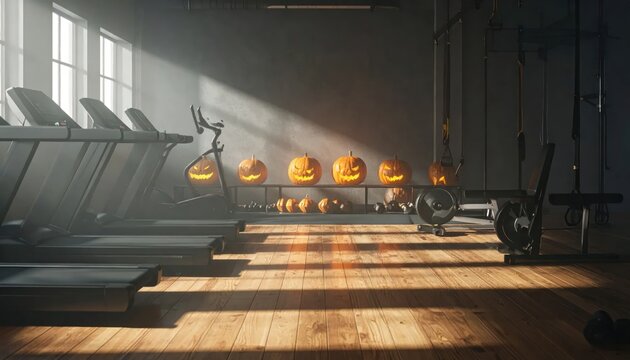 Empty gym with treadmills and glowing Halloween pumpkins.