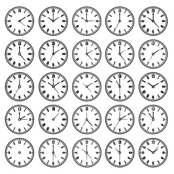 Set of clock faces showing different times, outlined simple icons, perfect for time tracking or scheduling