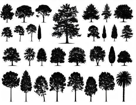 Diverse collection of deciduous, coniferous, and palm trees in silhouette