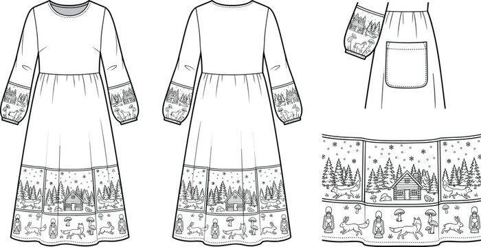 Women Long Sleeve Winter Dress Technical Flat Sketch Vector Template with Woodland Forest Pattern