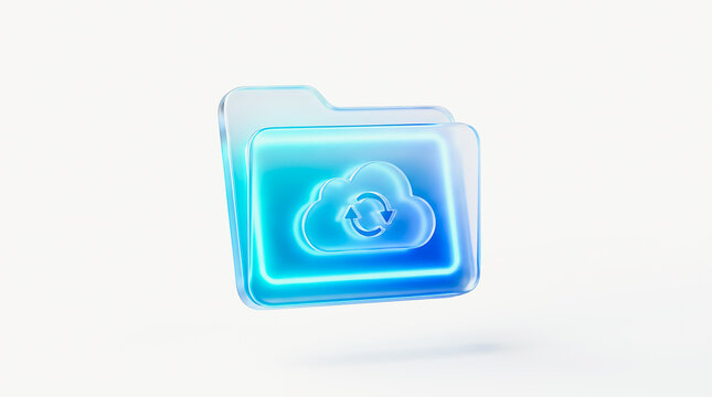 Glass folder icon with cloud sync symbol on white background digital storage concept