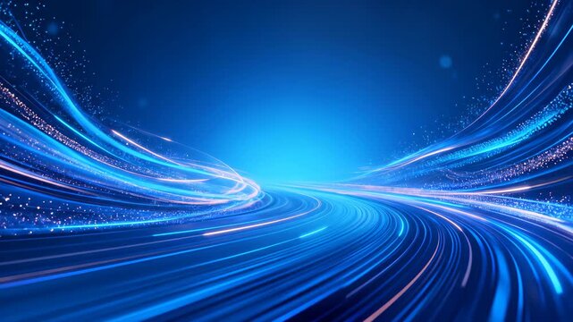 Abstract blue light trails speeding through virtual space representing fiber optic data transfer and high speed technology network background