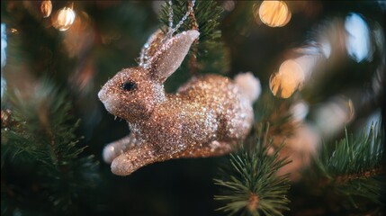 Fototapeta premium Decorative ornament of a rabbit hanging on a Christmas tree made of green pine branches