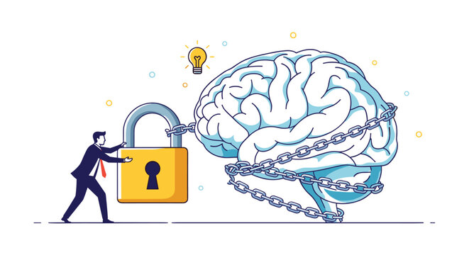Determined businessman attempts to unlock a large brain wrapped in heavy chains with a padlock, symbolizing efforts to overcome mental blocks.