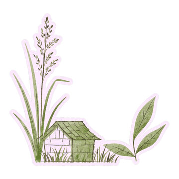 Watercolor border with rustic thatched hut, grass and green leaves in botanical style on white background, concept of countryside nature and rural life.