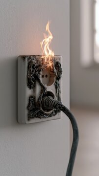 Close up of a damaged double wall socket with flames, showing a fire hazard in a room with blurred background and natural light