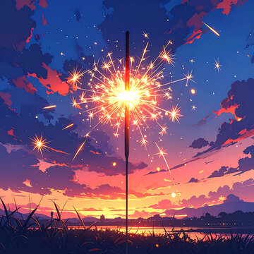 Sparkler ignites with bright light against a colorful sunset sky, firework sparks fly, festival celebration, outdoor evening atmosphere