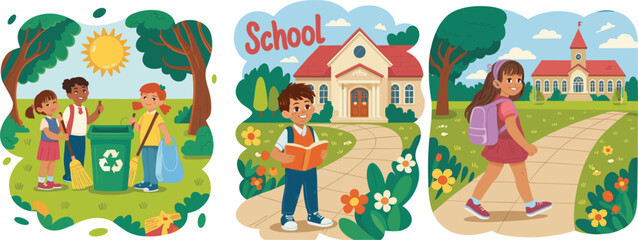Fototapeta premium Back to school children vector illustration set with characters reading, walking, and recycling garbage outdoors