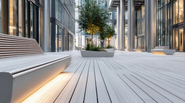 Contemporary outdoor plaza with curved benches and wood deck near glass office towers for public space design and urban architecture background