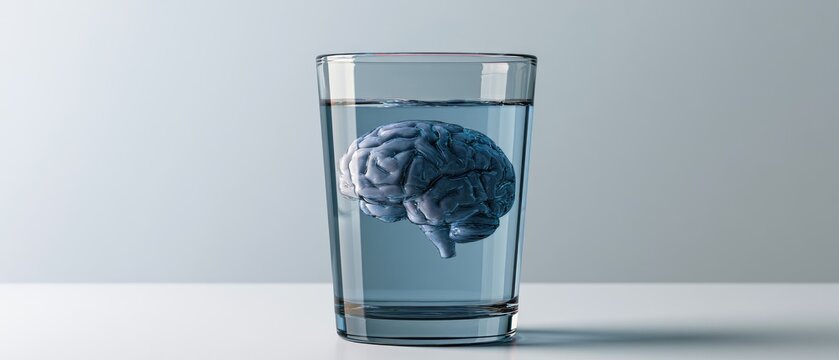 3d concept of a clear glass filled with water and a brain model submerged in the center on a smooth surface with soft lighting