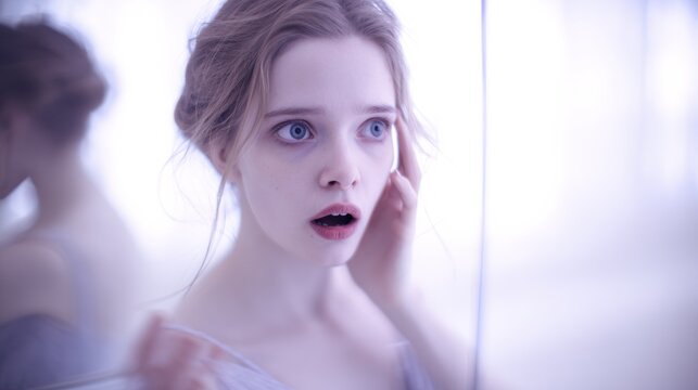 Young woman looks surprised at her reflection in a mirror in a light-colored room during the day