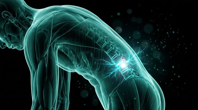 Visualizaci&oacute;n m&eacute;dica en 3D de hernia discal lumbar; perfil lateral de un torso humano inclinado hacia adelante que muestra una lesi&oacute;n en los niveles L4-L5 de la columna; anatom&iacute;a transl&uacute;cida; concepto