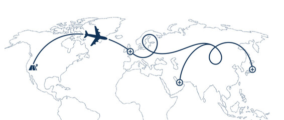 Airplane flight path across world map illustration © lobes