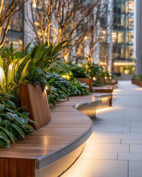 Indoor urban garden seating area with wooden benches and ambient lighting for relaxation design and wellness background