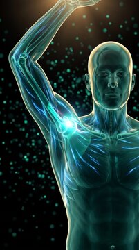 Lesi&oacute;n por esfuerzo repetitivo en el hombro; visualizaci&oacute;n m&eacute;dica en 3D de la parte superior del cuerpo humano con el brazo levantado.