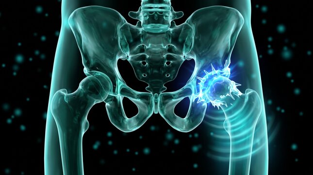 Ilustraci&oacute;n m&eacute;dica de osteoartritis de cadera: anatom&iacute;a de la pelvis humana en 3D que muestra una degeneraci&oacute;n grave de la articulaci&oacute;n de la cadera derecha en comparaci&oacute;n con una cadera sana.