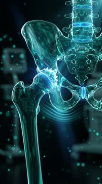 Ilustraci&oacute;n m&eacute;dica de osteoartritis de cadera: anatom&iacute;a de la pelvis humana en 3D que muestra una degeneraci&oacute;n grave de la articulaci&oacute;n de la cadera derecha en comparaci&oacute;n con una cadera sana.