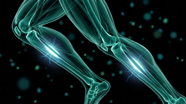 Ilustraci&oacute;n m&eacute;dica de periostitis tibial: piernas corriendo, mostrando puntos cr&iacute;ticos de fractura por estr&eacute;s tibial y la anatom&iacute;a visible de la tibia y el peron&eacute;.