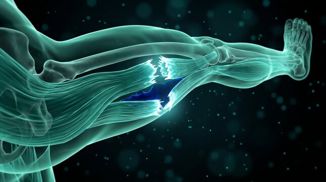 Lesi&oacute;n por desgarro de los m&uacute;sculos isquiotibiales, anatom&iacute;a de la parte posterior de la pierna humana con fibras musculares desgarradas, visualizaci&oacute;n m&eacute;dica en 3D (vista posterior).