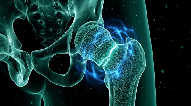 Fractura de cadera por osteoporosis: visualizaci&oacute;n m&eacute;dica en 3D de una fractura del cuello femoral (hueso fr&aacute;gil) con anatom&iacute;a transl&uacute;cida, vista frontal.