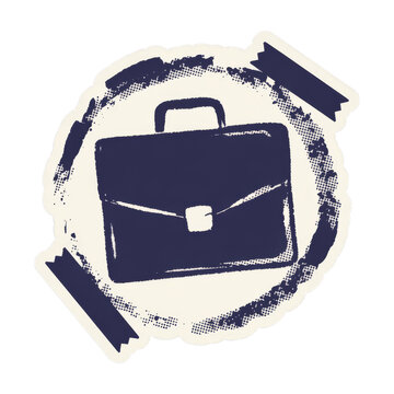 Briefcase silhouette inside grunge halftone circle with tape strips in retro photocopy stamp style on white background, concept of business and career.