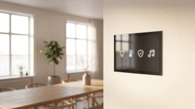 Smart display controls home functions with icons.