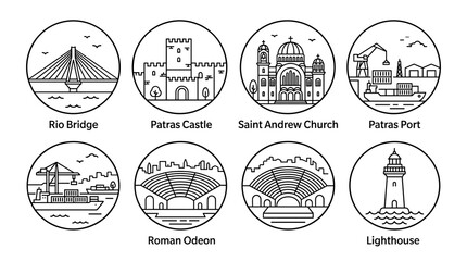 Obraz premium Patras Greece landmarks extended vector line art set with 8 labeled circular icons of Rio Bridge, Castle, Church, Port, Roman Odeon and Lighthouse