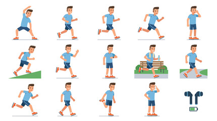 Fototapeta premium Flat vector male character set performing various fitness activities running and stretching