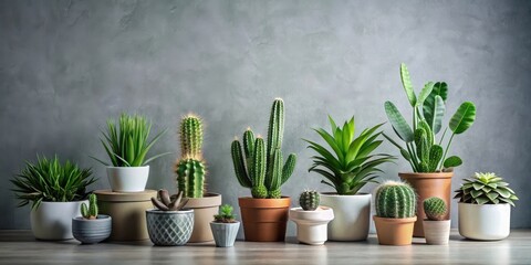 Fototapeta premium A Collection of Diverse Succulents and Cacti in Stylish Pots Arranged on a Table Against a Textured Gray Wall