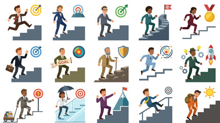 Fototapeta premium Business people climbing stairs career growth and success concept flat vector illustration