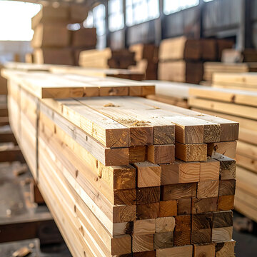 Stack of lumber in a warehouse, prepared for construction or woodworking, natural material texture