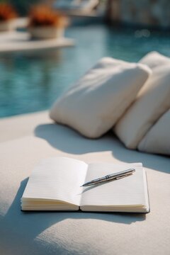 Open notebook with metal pen on sun lounger beside swimming pool. Concept of summer vacation planning, travel diary writing or relaxing creative activity during holiday at resort.