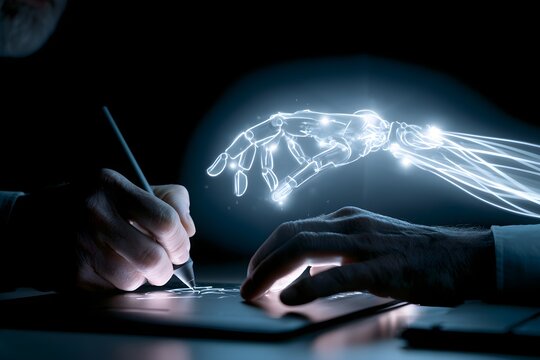 An elderly person uses a stylus on a digital tablet while a glowing translucent robotic hand reaches out bridging the gap between human and machine
