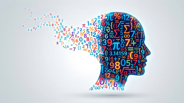 Human head silhouette made of colorful numbers and symbols