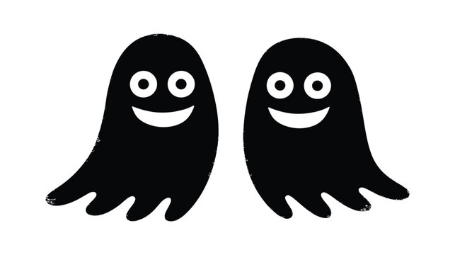 Ghost cartoon characters with smiling faces and white eyes on plain background