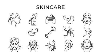 Fototapeta premium Skincare and Facial Beauty Routine Outline Icon Collection in Minimal Monoline Cosmetic Line Art Style Vector Illustration Set