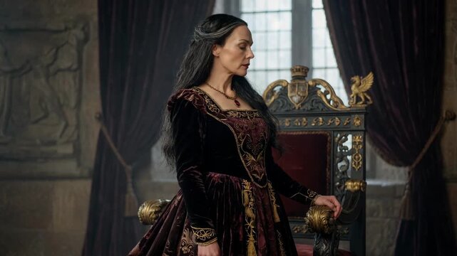 A woman in medieval attire poses near an ornate throne in a realistic style on a castle interior background, concept of royalty